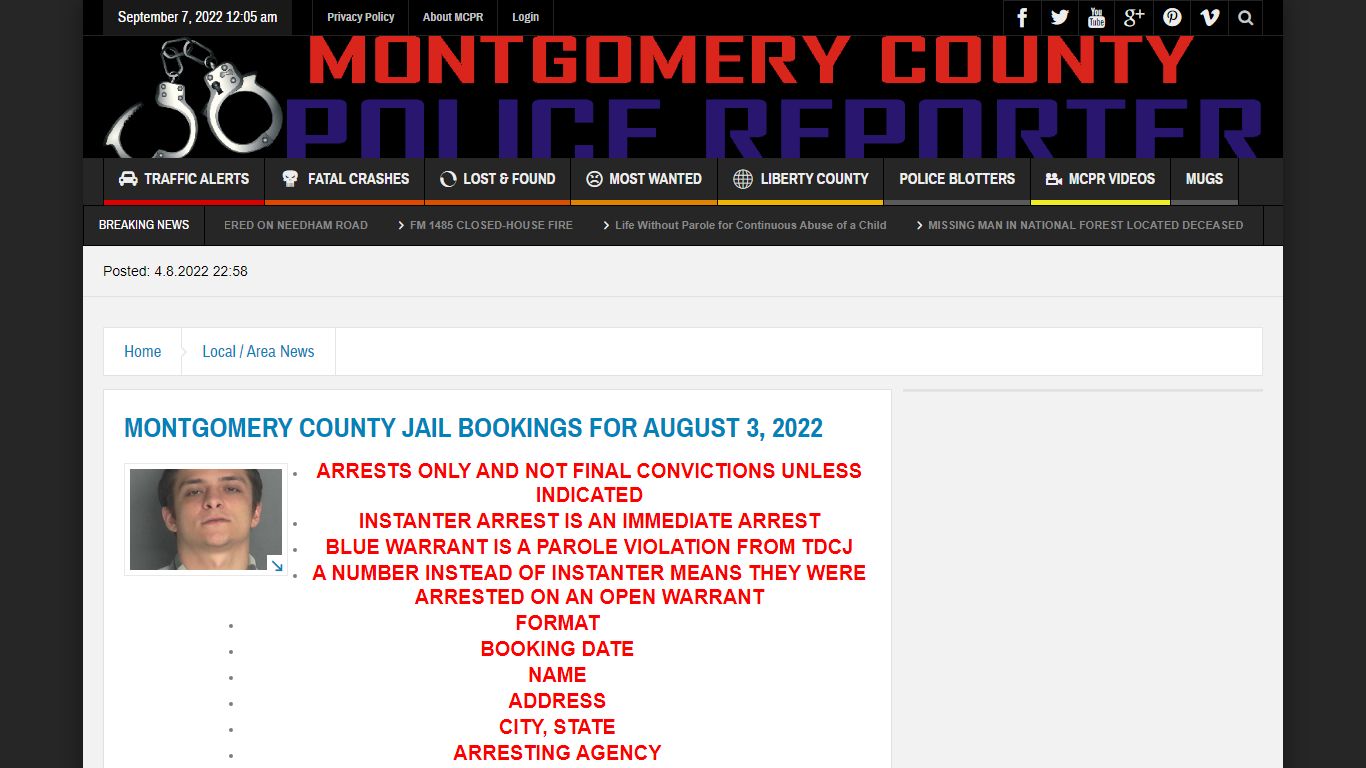 MONTGOMERY COUNTY JAIL BOOKINGS FOR AUGUST 3, 2022